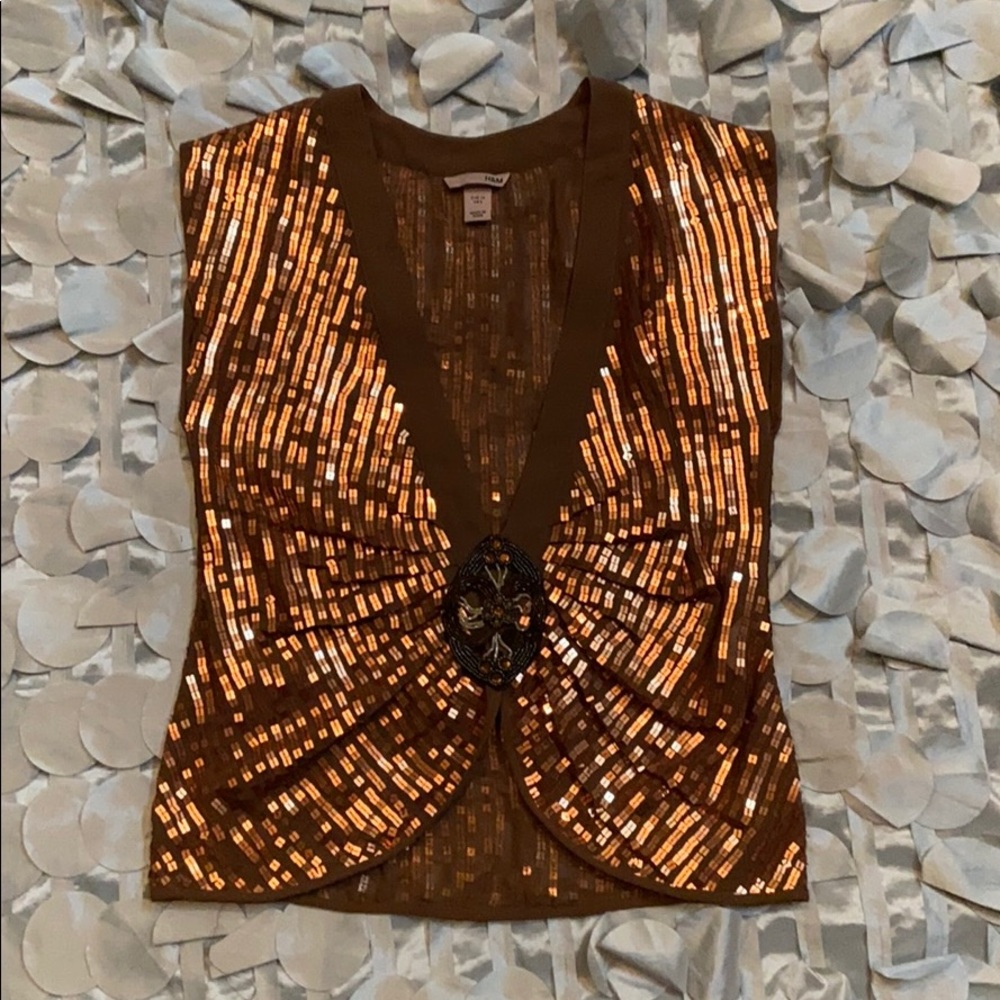 Brown chiffon with copper square sequins vest.